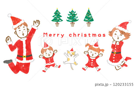 サンタの衣装を着てジャンプする家族とクリスマスツリーのイラスト 120233155