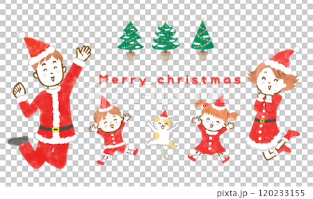 サンタの衣装を着てジャンプする家族とクリスマスツリーのイラスト 120233155