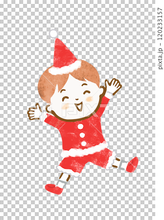 サンタの衣装を着てバンザイしている男の子の手描きイラスト 120233157