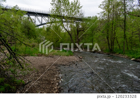 Views of Minnehaha Creek on a cloudy day surrounded by greenery in Minneapolis. 120233328
