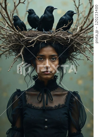 Sad girl with birds. 120233480