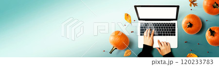 Autumn pumpkins with person using a laptop computer Autumn pumpkins with person using a laptop computer 120233783