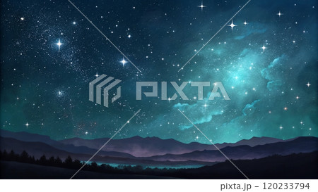 星空と幻想的な山並みの風景イラスト | Illustrated Landscape of Starr 120233794