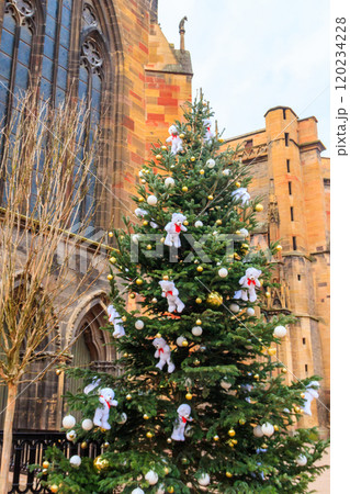 Christmas tree decorated with teddy bears and baubles in Colmar, Alsace, France Christmas tree decorated with teddy bears and baubles in Colmar, Alsace, France 120234228