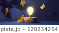 Light bulb on a podium with autumn leaves - 3D 120234254