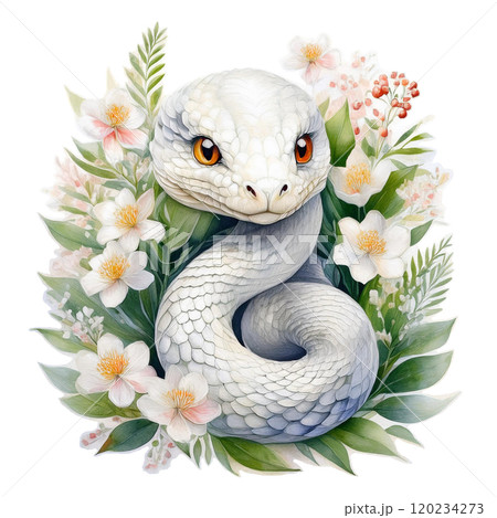 白蛇と草花の水彩イラスト8／チラシやポスター用素材のイラスト素材