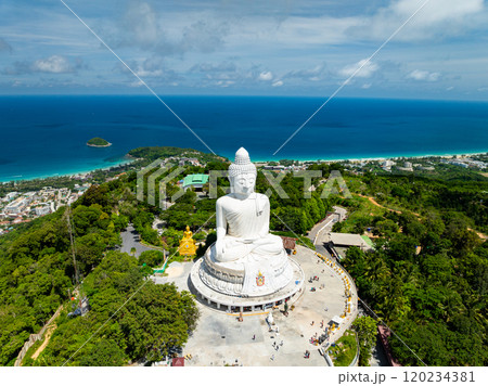 Vesak day background concept of Big buddha over high mountain in Phuket thailand Aerial view drone shot 120234381