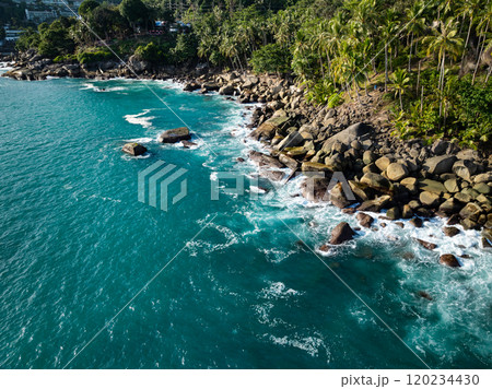 Amazing waves crashing on rocks,Beautiful sea in summer season seascape background ,Nature sea beach waves background 120234430
