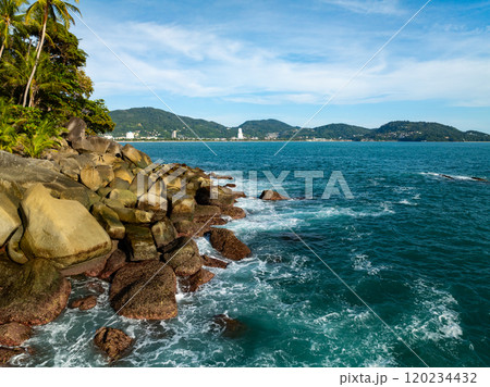 Amazing waves crashing on rocks,Beautiful sea in summer season seascape background ,Nature sea beach waves background 120234432