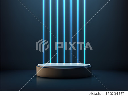 3D Neon Circular Podium with Vertical Blue Lights on Reflective Surface for Modern Technology Showcase and Product Display 3D Neon Circular Podium with Vertical Blue Lights on Reflective Surface for Modern Technology Showcase and Product Display 120234572