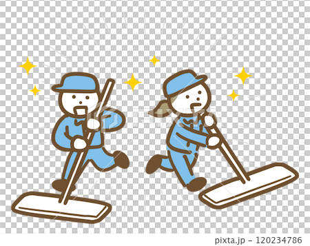 元気にモップをかける清掃員の若い男女(全身) 元気にモップをかける清掃員の若い男女(全身) 120234786