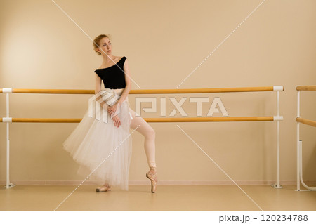 A ballet dancer poses elegantly in a studio 120234788