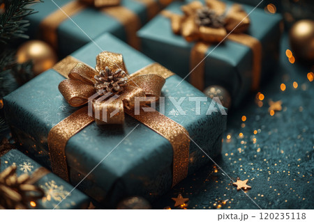 Blue gift box with gold ribbons and pine cones, surrounded by Christmas decorations 120235118