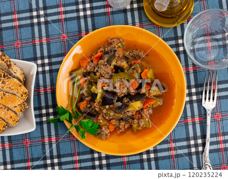 Delicious vegetable stew with minced meat, served for dinner Delicious vegetable stew with minced meat, served for dinner 120235224