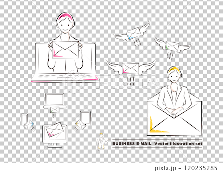 PC・タブレット・スマホでビジネスメールを送信・受信・チェックするイメージやメールアイコンのセット 120235285