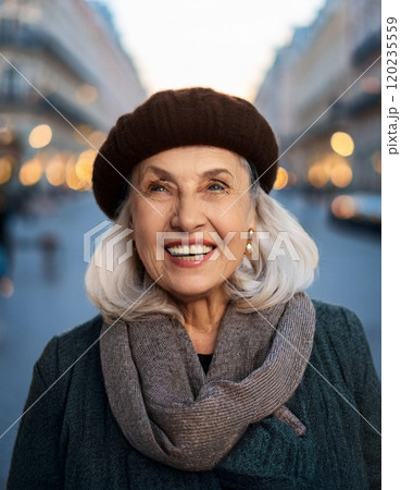 Timeless Charm: Radiant Elderly Woman in Soft Urban Scene, Embracing Life's Simple Joys 120235559