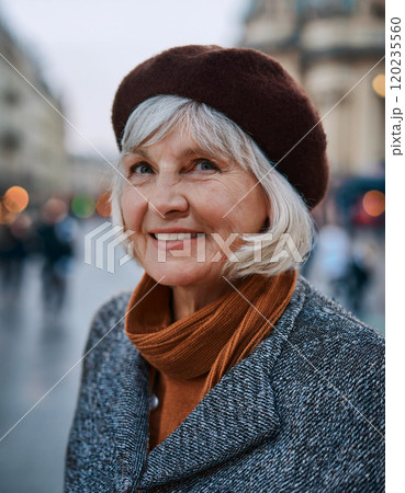 Timeless Charm: Radiant Elderly Woman in Soft Urban Scene, Embracing Life's Simple Joys Timeless Charm: Radiant Elderly Woman in Soft Urban Scene, Embracing Life's Simple Joys 120235560