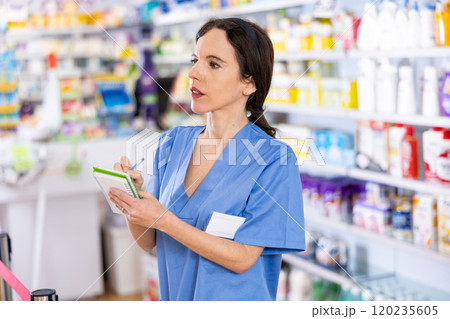 Diligent female pharmacist noting assortment of drugs in pharmacy Diligent female pharmacist noting assortment of drugs in pharmacy 120235605