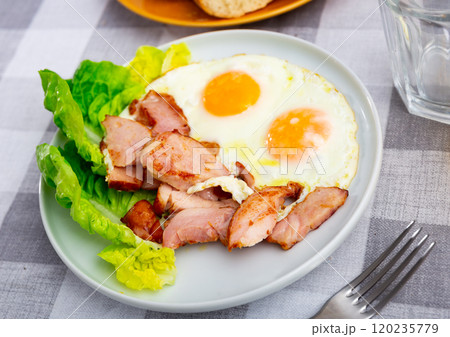 Fried eggs with chicken served with lettuce 120235779