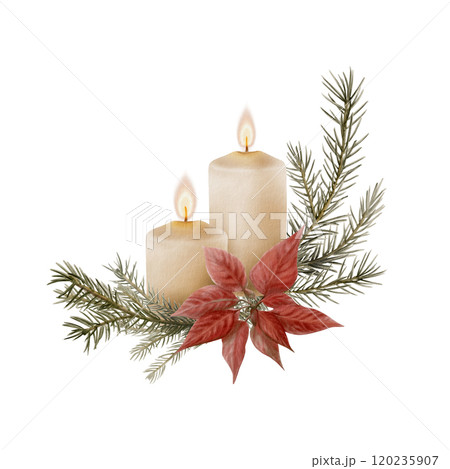 Vintage wax candle Christmas arrangement with wick and flame, with red Poinsettia flower and spruce sprigs. Hand drawn illustration isolated on white background for greetings, cards and invitations Vintage wax candle Christmas arrangement with wick and flame, with red Poinsettia flower and spruce sprigs. Hand drawn illustration isolated on white background for greetings, cards and invitations 120235907