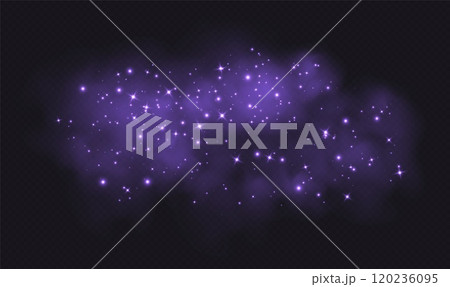 Purple magic smoke with stars and sparkles, fog with glowing particles, colorful vapor with star dust. 120236095