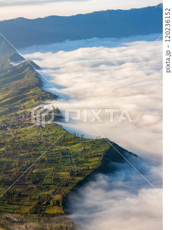 Village and Cliff at Bromo Volcano in Tengger Semeru, Java, Indonesia 120236152