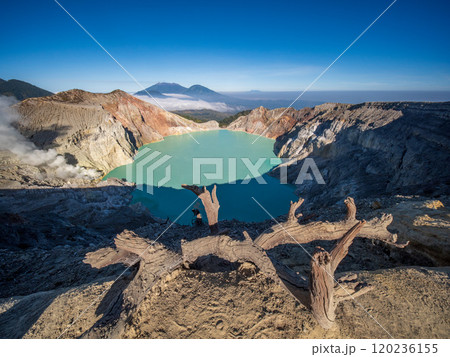 Aerial view of mount Kawah Ijen volcano crater at sunrise, East Java, Indonesia 120236155