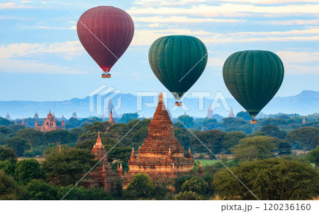 Balloon over plain of Bagan in misty morning, Myanmar 120236160