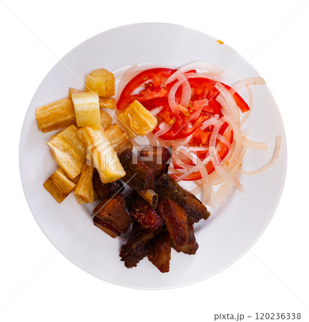 Braised chicharron with fried yuca and salad 120236338