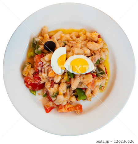 There is plate with braised tuna fillet and stewed vegetable haricot bean and tomato on wooden table There is plate with braised tuna fillet and stewed vegetable haricot bean and tomato on wooden table 120236526