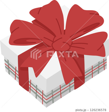 grey gift box in red and grey check with red bow 120236578