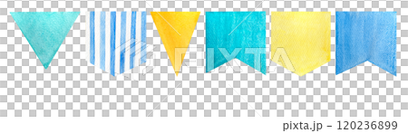 Flag garland set isolated on white. High quality hand-drawn watercolor illustration blue and yellow, teal, striped for stationary, baby shower, cards, birthday celebrations, stickers, packages design 120236899