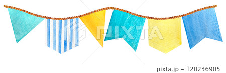 Flag garland set isolated on white. High quality hand-drawn watercolor illustration blue and yellow for stationary, baby shower, cards, birthday celebrations, event programs, stickers, packages design 120236905