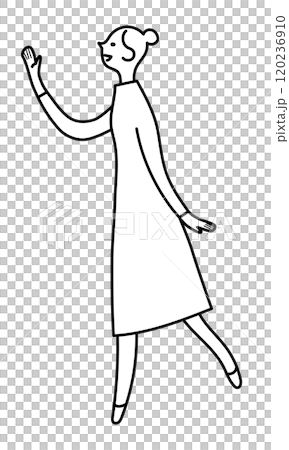 A young woman walking while raising one hand in greeting, monochrome line drawing 120236910
