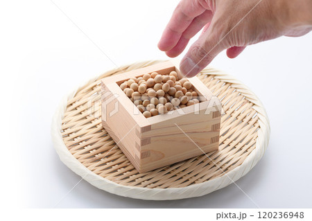 枡に盛った大豆 120236948