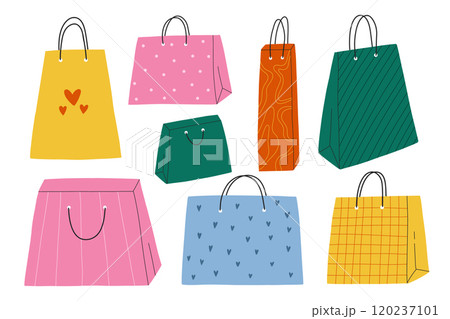 Set of vector paper bags. Paper shopping bags isolated on white background. Set of vector paper bags. Paper shopping bags isolated on white background. 120237101