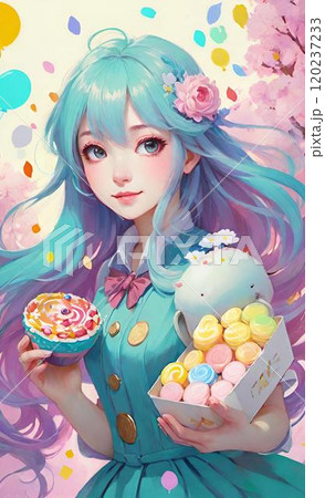 ケーキのマカロンと可愛い女の子 120237233