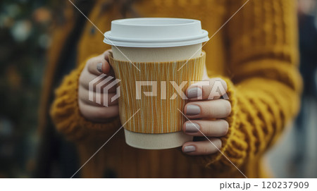 Warm beverage in cozy hands on an autumn day in a vibrant outdoor setting with colorful foliage surrounding 120237909