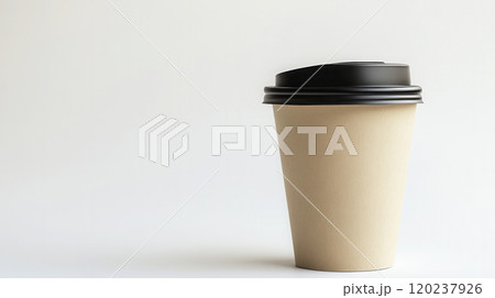 Empty takeaway coffee cup on a neutral background during morning light, ideal for a warm beverage 120237926
