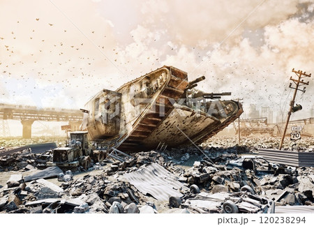 futuristic war scene with monster tank. futuristic war scene with monster tank. 120238294