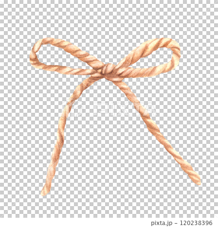 Jute string, rope bow. Watercolor hand drawn illustration natural twine ribbon, eco nature brown bow knot for gift, birthday card, present decor, boho style realistic clipart isolated from background 120238396