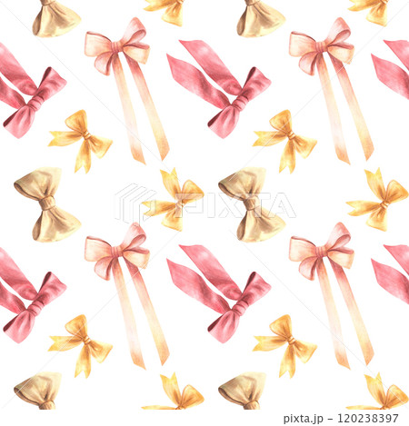 Ribbon and bow seamless pattern Watercolor Hand drawn realistic coquette style Illustration. Red, golden, beige, pink, yellow pastel coloured clipart for fabric, wallpaper on isolated white background 120238397