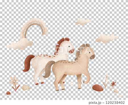 Poster with beige cartoon two horses and clouds in the sky with rainbow and flower. Template postcard for text for Baby Party. Illustration animals scandinavian style on isolated background 120238402