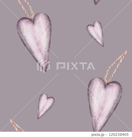 Lilac heart with rope, string watercolor seamless pattern. Valentines Day, birthday party violet symbol of love. Clipart hand drawn illustration for wallpaper on isolated pastel coloured background 120238405