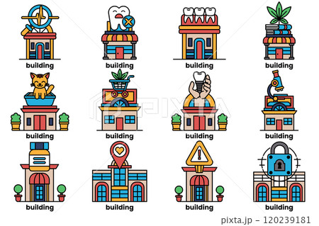 A set of illustrations in the concept of shop building in a line drawing style A set of illustrations in the concept of shop building in a line drawing style 120239181