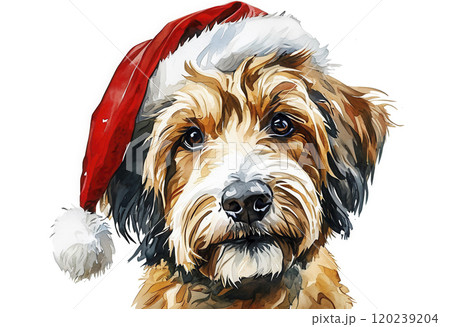 A festive dog wearing a Santa hat with a cheerful expression, perfect for holiday decorations and seasonal cheer A festive dog wearing a Santa hat with a cheerful expression, perfect for holiday decorations and seasonal cheer 120239204