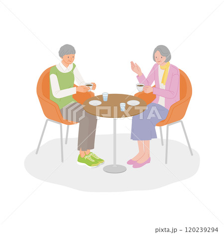 シニアライフ:友人とカフェで話を楽しむ笑顔のシニア女性 シニアライフ:友人とカフェで話を楽しむ笑顔のシニア女性 120239294