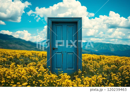 黄色い花畑に佇むラスティックな青い扉 黄色い花畑に佇むラスティックな青い扉 120239463