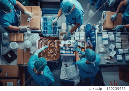 Medical professionals in scrubs and masks prepare medical supplies in a sterile environment. 120239483