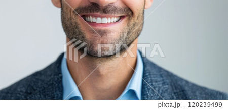 Close-up portrait of a smiling man with a beard. 120239499